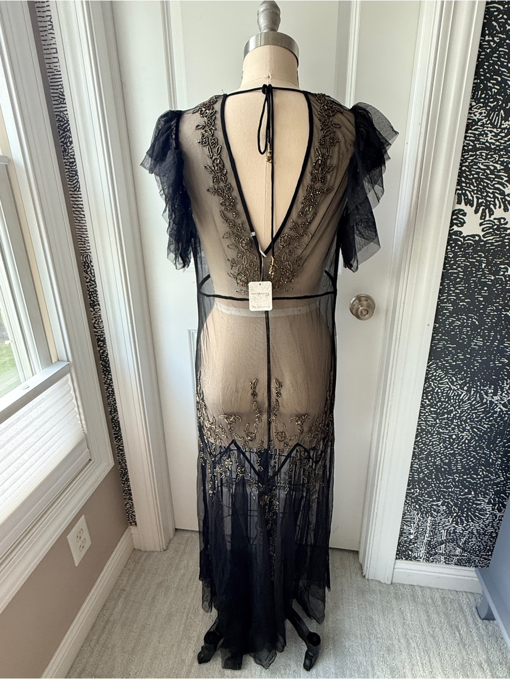 Free People Annabelle Sheer Black Mesh Maxi Dress with Gold Embroidery NEW - Picture 9 of 13